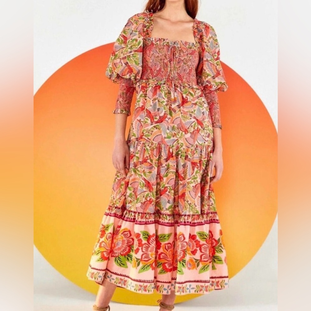 Farm Rio Pink Macaw Flight Smocked Top Maxi Dress